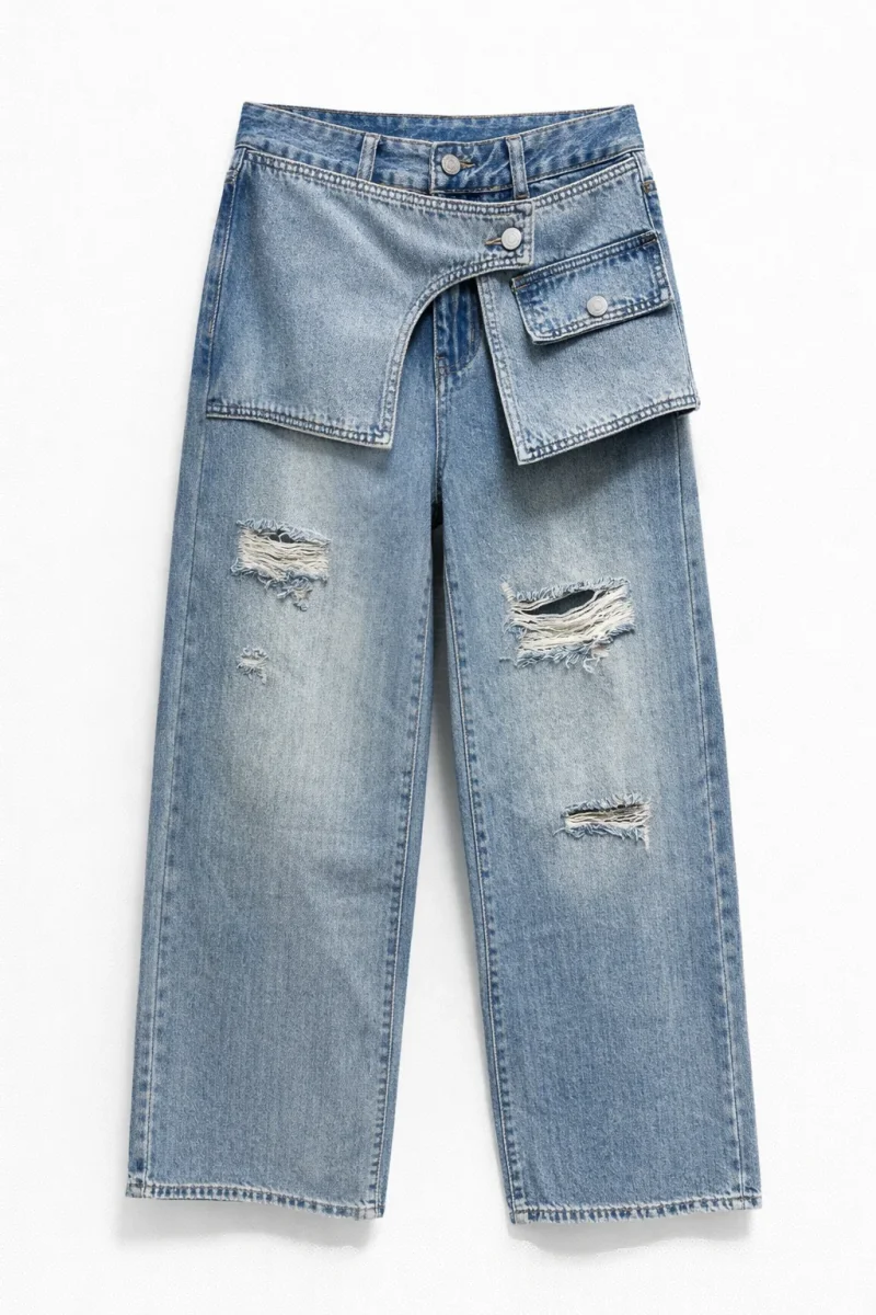 Jeans Donna Wide Leg con Vita Asimmetrica e Dettagli Cargo – Denim Destroyed Fashion 374 - immagine 5