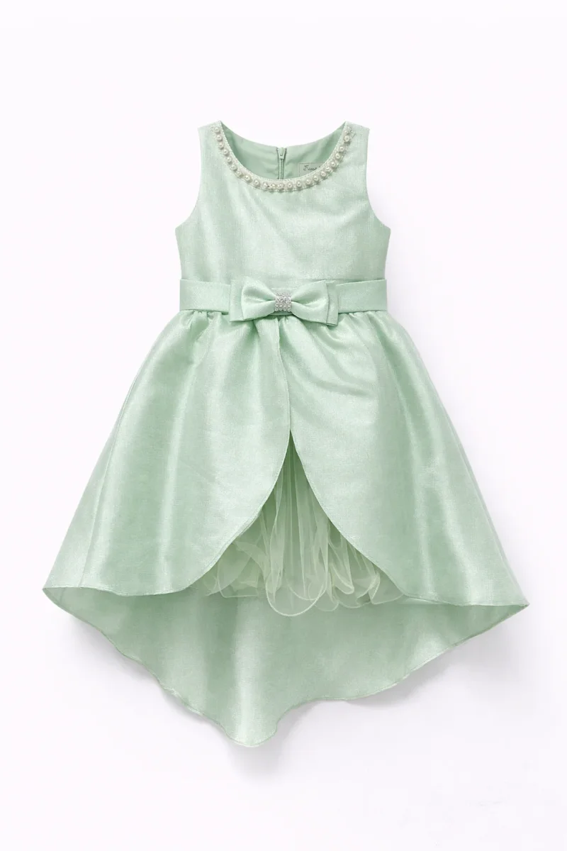 Abito da Cerimonia Bambina in Raso con Gonna in Tulle e Fiocco – Scollo Perle 2-12 Anni 750 - immagine 4