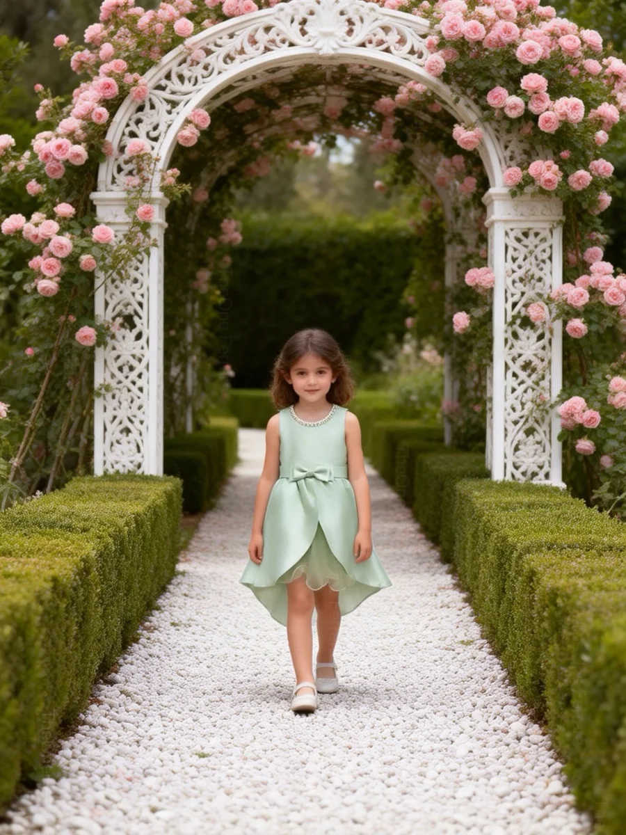 Abito da Cerimonia Bambina in Raso con Gonna in Tulle e Fiocco – Scollo Perle 2-12 Anni 750 - immagine 8