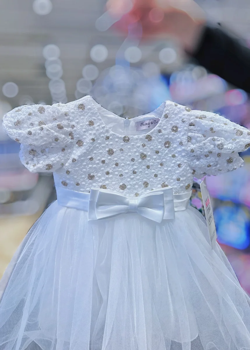 Abito da Principessa Bianco con Maniche a Palloncino - Vestito Elegante per Neonata (0-36 mesi) - immagine 3