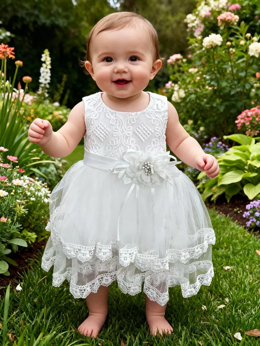 Abito da Battesimo Neonata Bianco 6–36 Mesi – Tulle a Strati con Bordo in Pizzo e Fiocco sul Retro Cerimonia Chiesa 660 - immagine 3