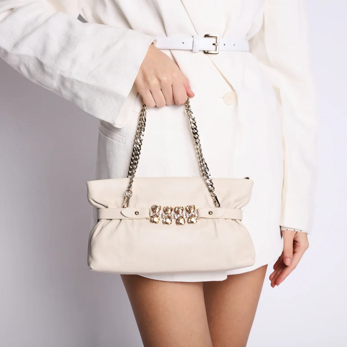 Pochette gioiello Capri in pelle colore avorio - immagine 3